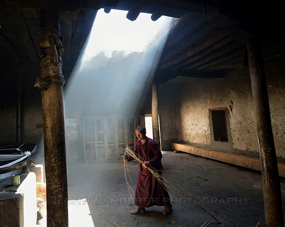 Monk bringing twigs to the fire