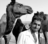 Man smiling, looking at the camera, holding his camel