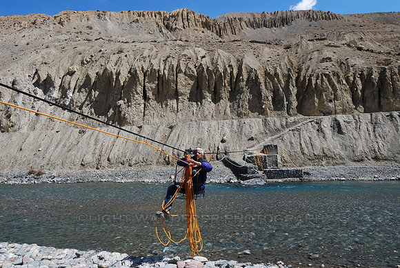 Crossing a river by hand pulled cable car