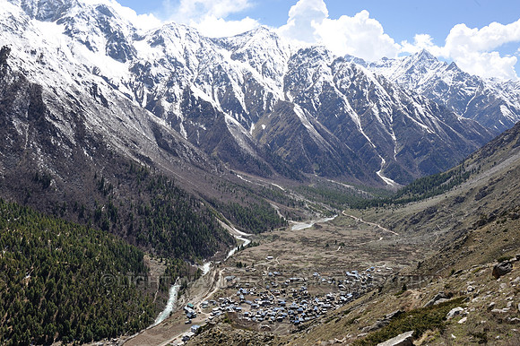 Chitkul vilage seen from hiking trail above the village